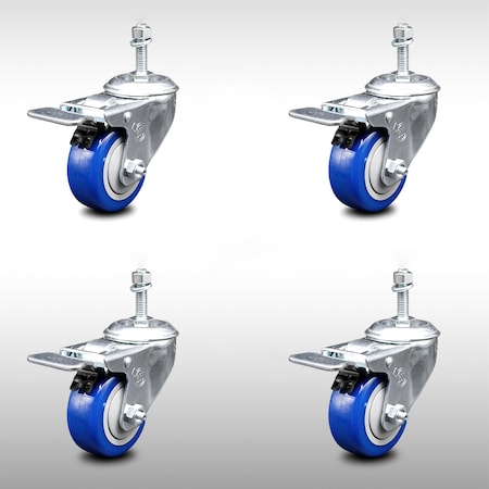 Service Caster 3 Inch SS Blue Polyurethane 10mm Threaded Stem Caster Set Total Lock Brake SCC-SSTSTTL20S314-PPUB-BLUE-M1015-4
